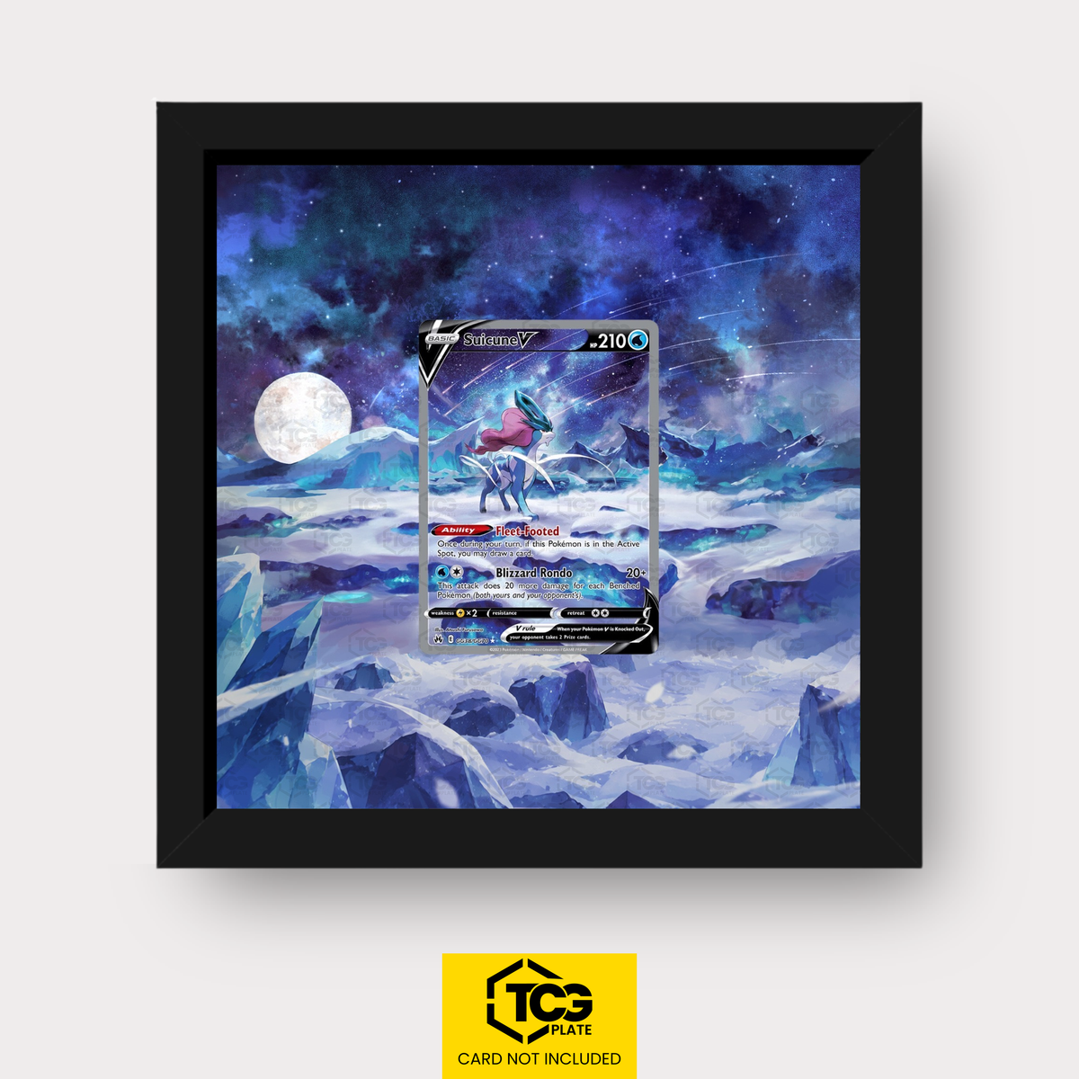 Suicune V CRZ GG38 Frames® in Pitch Black with UV-protective case and magnetic wall mount by TCGplate.