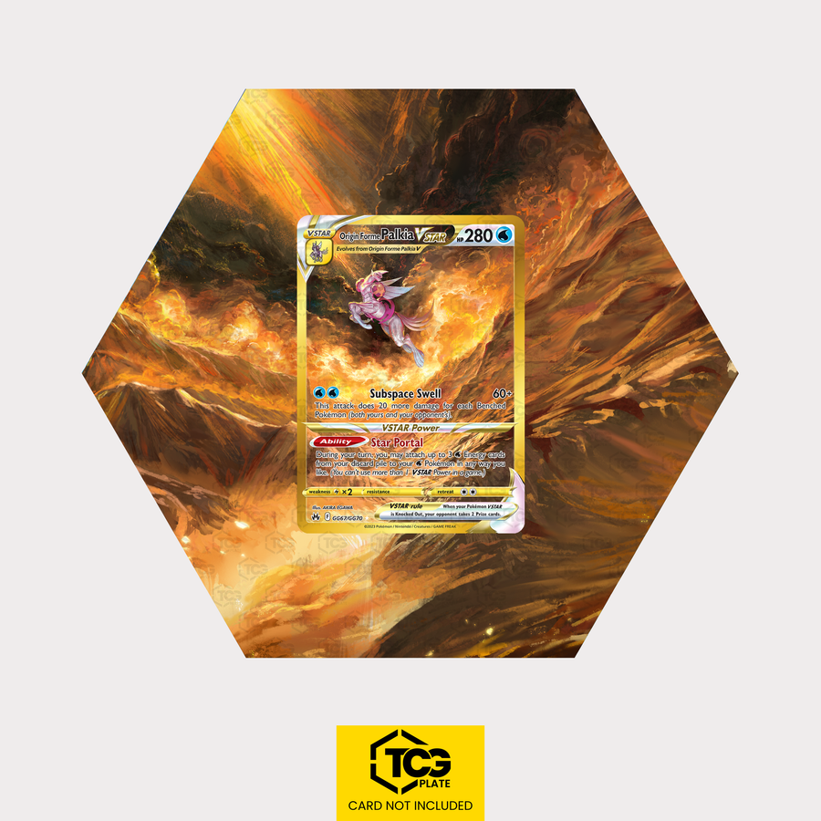 Ur-Palkia VSTAR CRZ GG67 als sechseckiges Extended Art Hex Shapes Display mit UV-Schutz-Case und magnetischer Wandhalterung von TCGplate.