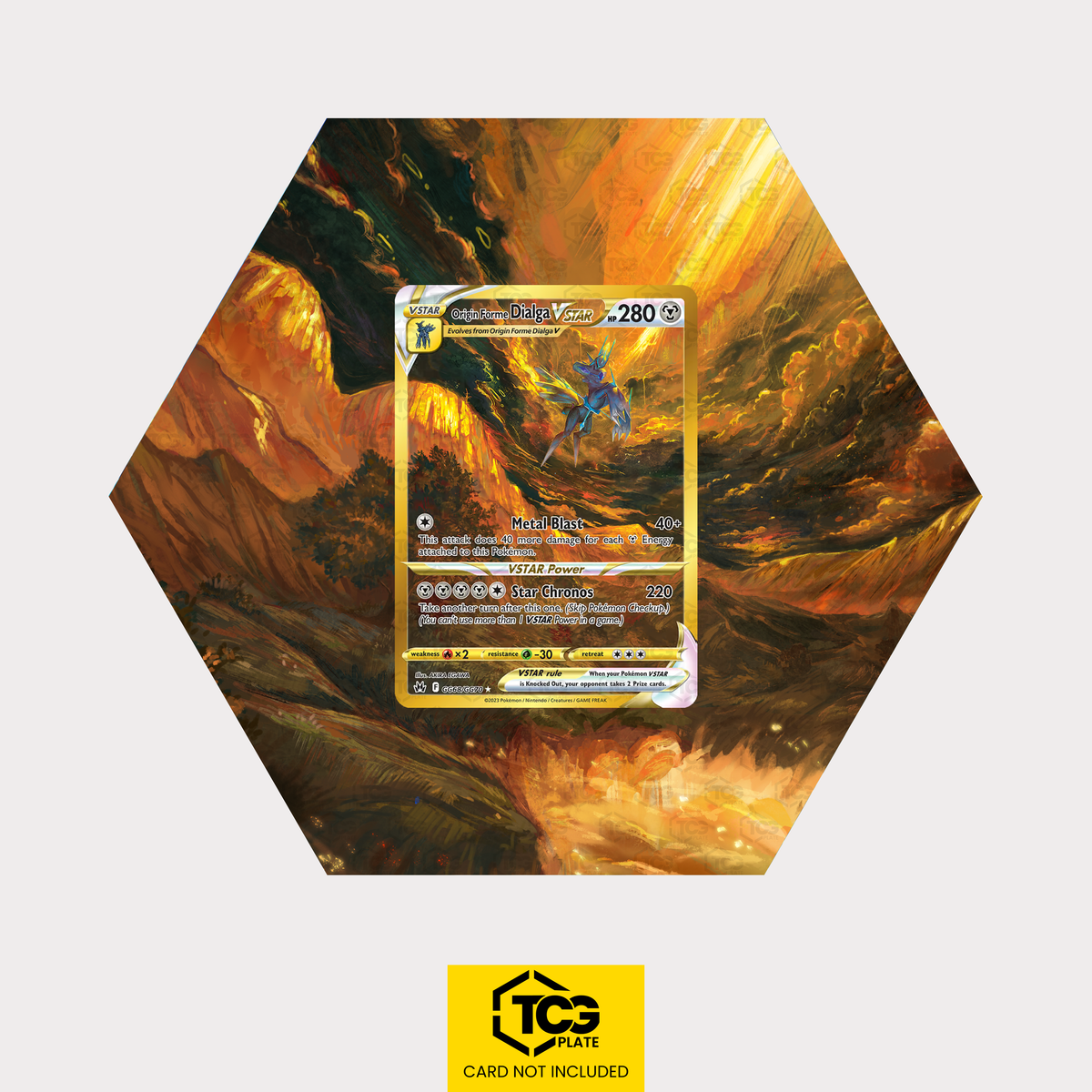 Origin Forme Dialga VSTAR CRZ GG68 as a hexagonal Extended Art Hex Shapes display with UV-protective case and magnetic wall mount by TCGplate.