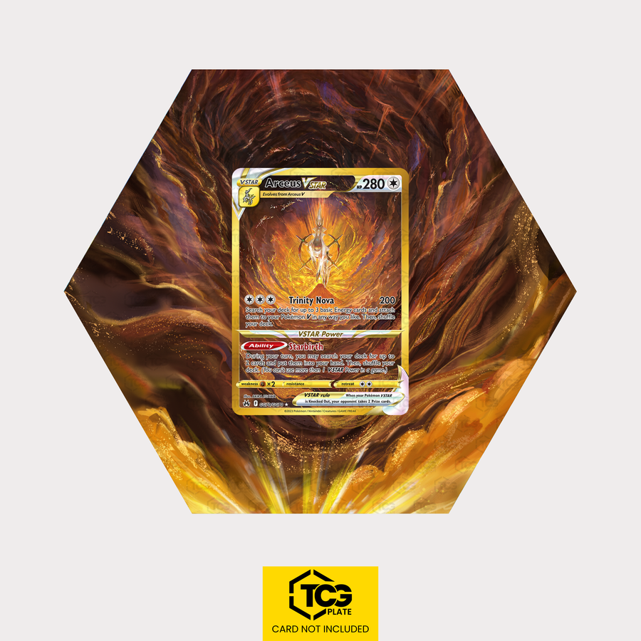 Arceus VSTAR CRZ GG70 als sechseckiges Extended Art Hex Shapes Display mit UV-Schutz-Case und magnetischer Wandhalterung von TCGplate.