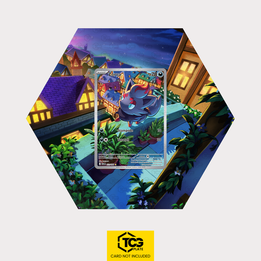 Zorua DLR 112 as a hexagonal Extended Art Hex Shapes display with UV-protective case and magnetic wall mount by TCGplate.