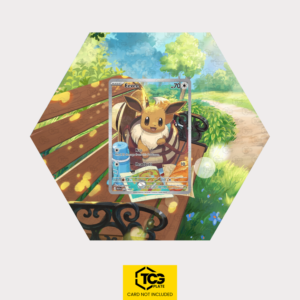 Eevee DLR 114 as a hexagonal Extended Art Hex Shapes display with UV-protective case and magnetic wall mount by TCGplate.