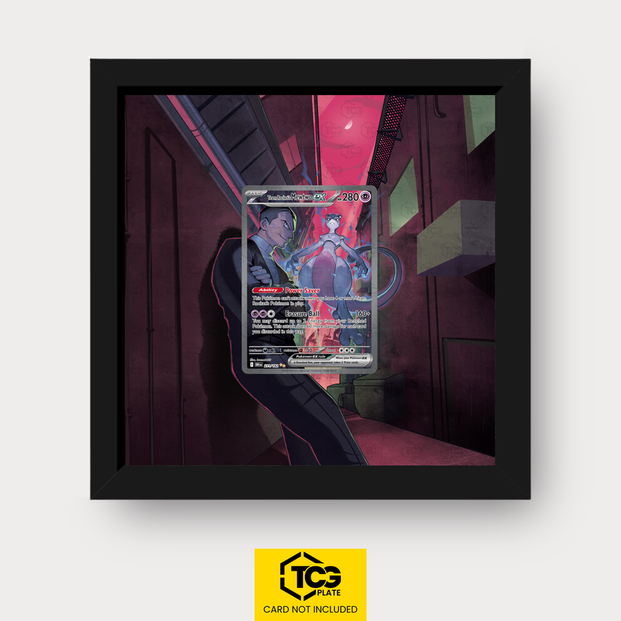 Team Rocket's Mewtwo ex DRI 231 Frames® in Pitch Black with UV-protective case and magnetic wall mount by TCGplate.