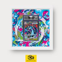 Mega Charizard X ex MEP 023 as an Extended Art display in a real wood frame with UV-protective case and magnetic wall mount by TCGplate.