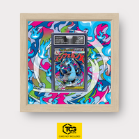 Mega Charizard X ex MEP 023 as an Extended Art display in a real wood frame with UV-protective case and magnetic wall mount by TCGplate.