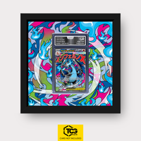 Mega Charizard X ex MEP 023 as an Extended Art display in a real wood frame with UV-protective case and magnetic wall mount by TCGplate.