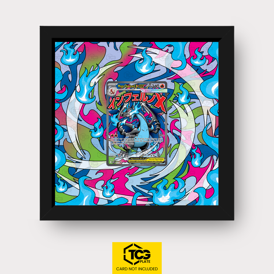 Mega-Glurak X ex MEP 023 als Extended Art Display im Echtholzrahmen mit UV-Schutz-Case und magnetischer Wandhalterung von TCGplate.