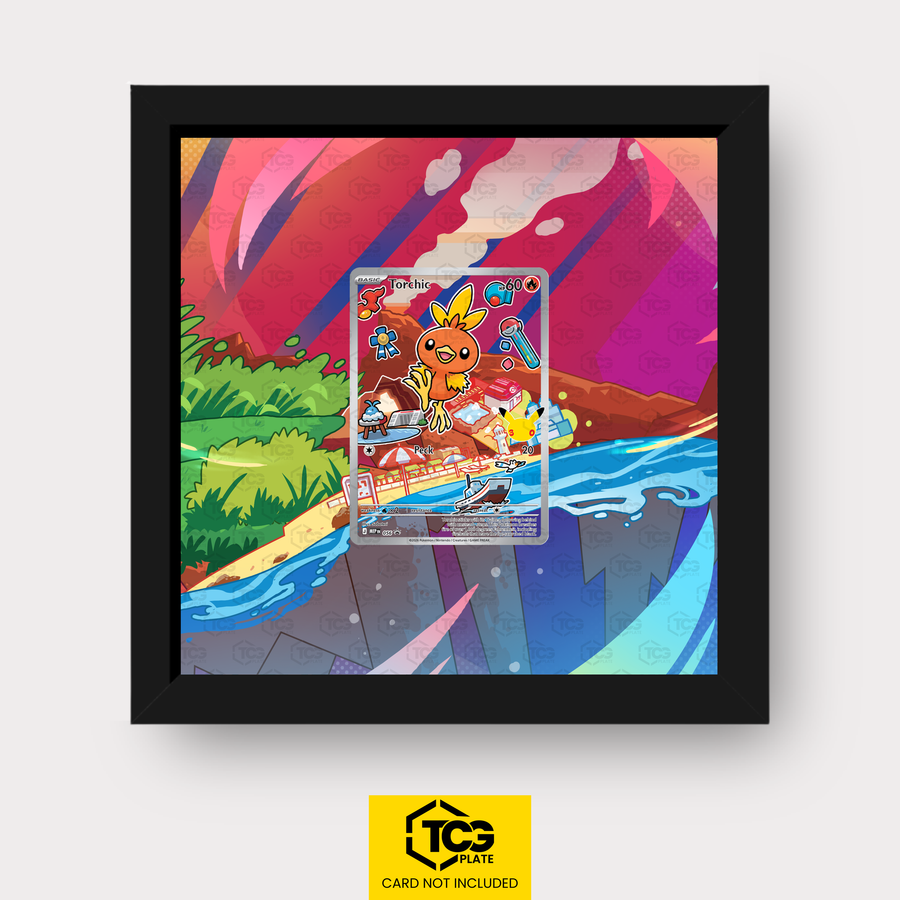 Flemmli MEP 056 als Extended Art Display im Echtholzrahmen mit UV-Schutz-Case und magnetischer Wandhalterung von TCGplate.