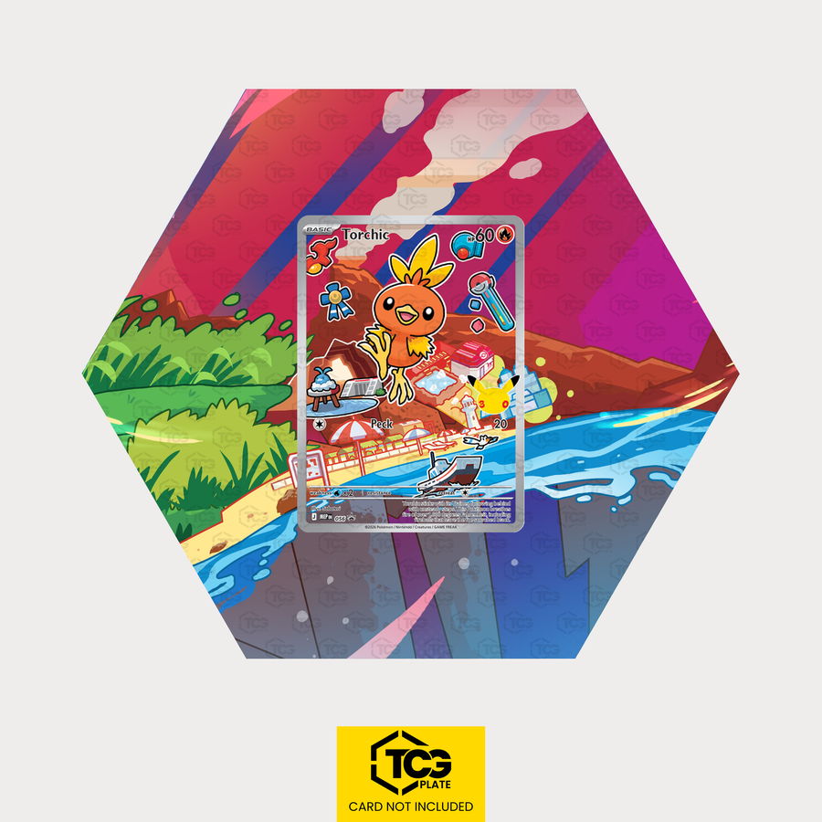 Flemmli MEP 056 als sechseckiges Extended Art Hex Shapes Display mit UV-Schutz-Case und magnetischer Wandhalterung von TCGplate.