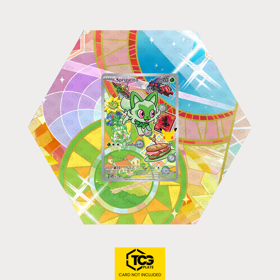 Felori MEP 061 als sechseckiges Extended Art Hex Shapes Display mit UV-Schutz-Case und magnetischer Wandhalterung von TCGplate.