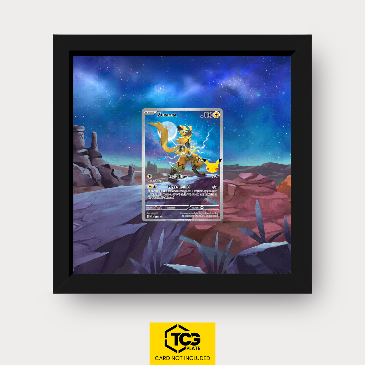 Zeraora MEP 103 Frames® in Pitch Black with UV-protective case and magnetic wall mount by TCGplate.