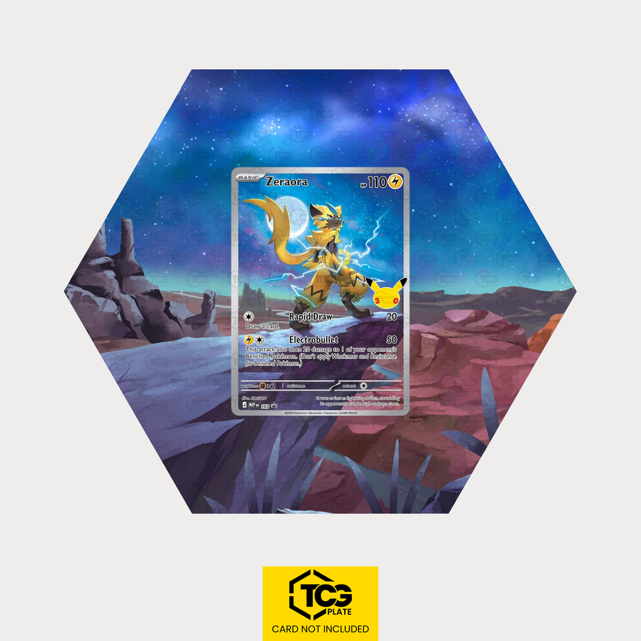 Zeraora MEP 103 als sechseckiges Extended Art Hex Shapes Display mit UV-Schutz-Case und magnetischer Wandhalterung von TCGplate.