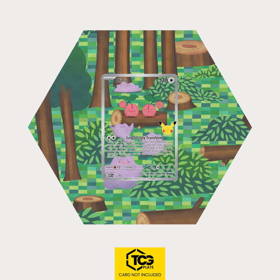 Ditto MEP 106 als sechseckiges Extended Art Hex Shapes Display mit UV-Schutz-Case und magnetischer Wandhalterung von TCGplate.