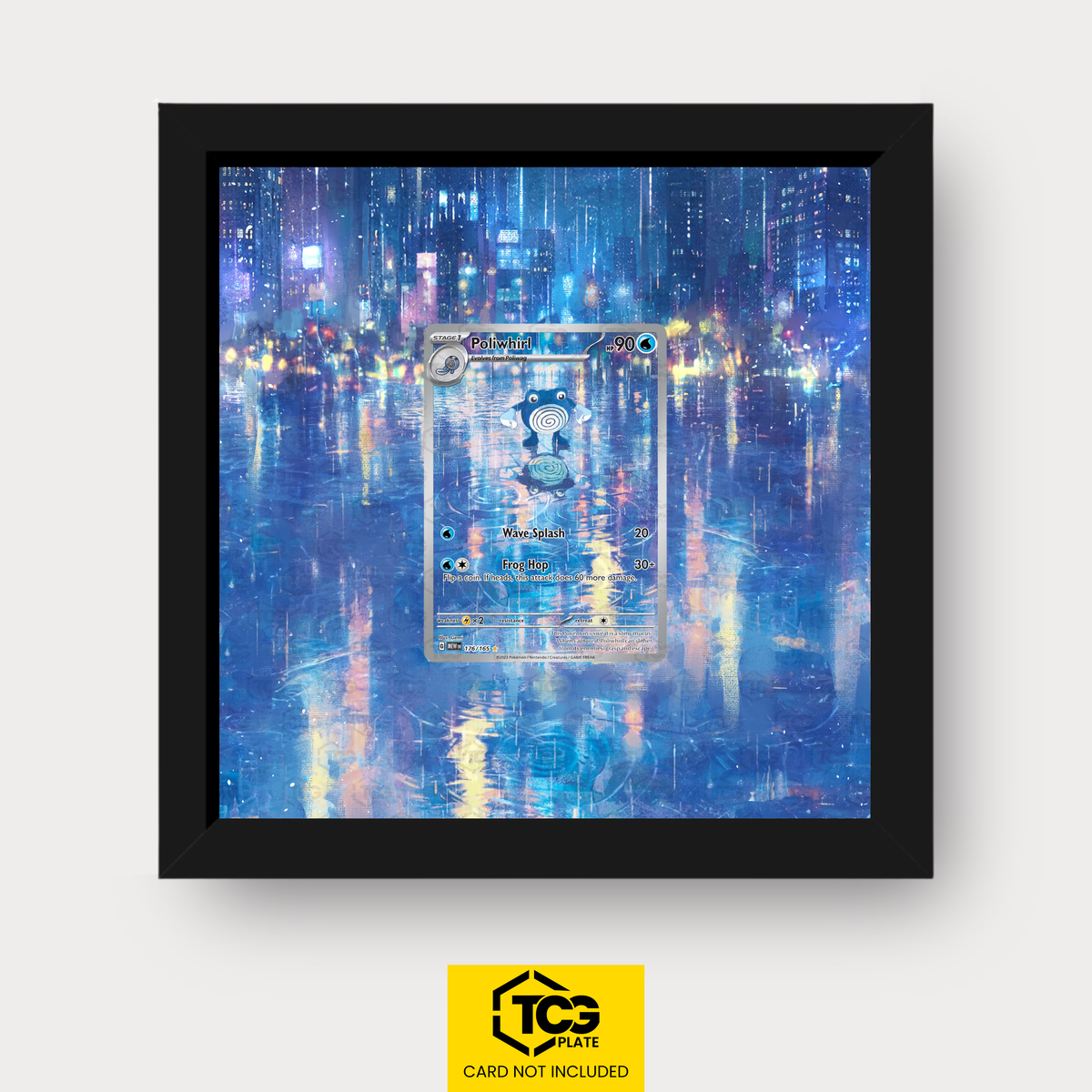Poliwhirl MEW 176 as an Extended Art display in a real wood frame with UV-protective case and magnetic wall mount by TCGplate.