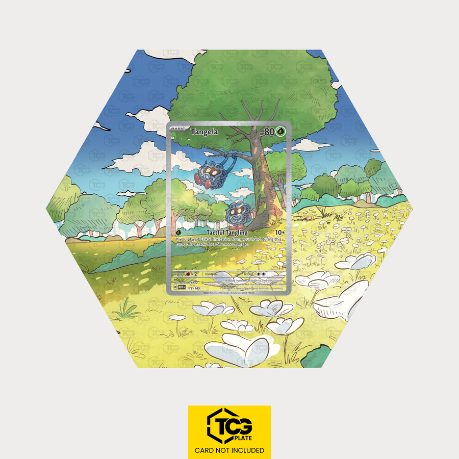 Tangela MEW 178 als sechseckiges Extended Art Hex Shapes Display mit UV-Schutz-Case und magnetischer Wandhalterung von TCGplate.