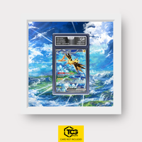 Zapdos ex MEW 202 als Extended Art Display im Echtholzrahmen mit UV-Schutz-Case und magnetischer Wandhalterung von TCGplate.