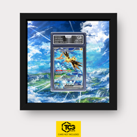 Zapdos ex MEW 202 als Extended Art Display im Echtholzrahmen mit UV-Schutz-Case und magnetischer Wandhalterung von TCGplate.