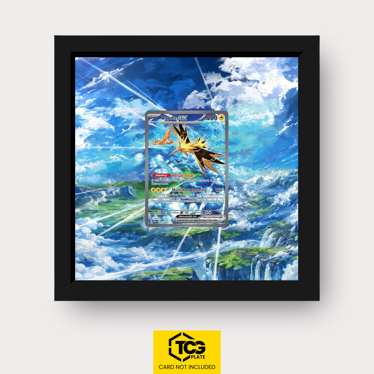 Zapdos ex MEW 202 als Extended Art Display im Echtholzrahmen mit UV-Schutz-Case und magnetischer Wandhalterung von TCGplate.