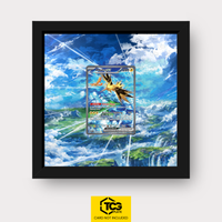 Zapdos ex MEW 202 als Extended Art Display im Echtholzrahmen mit UV-Schutz-Case und magnetischer Wandhalterung von TCGplate.