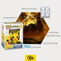 Package contents of the Hex Shapes® with the Pikachu figure: display, acrylic stand, magnetic wall mount and the figure sealed in its box.