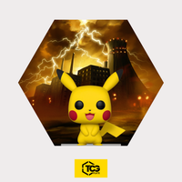 Hex Shapes® Lightning by TCGplate with the Pikachu figure on the acrylic stand in front of a hand-drawn power plant landscape.