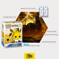 Package contents of the Hex Shapes® Lightning: display, acrylic stand, magnetic wall mount and the Jolteon figure sealed in its box.