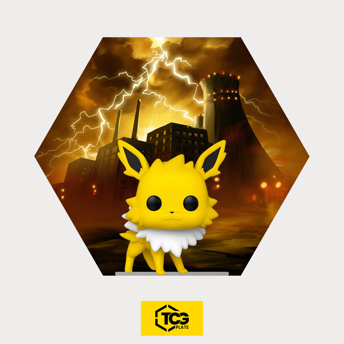 Hex Shapes® Lightning by TCGplate with the Jolteon figure on the acrylic stand in front of a hand-drawn power plant landscape.