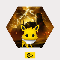 Hex Shapes® Lightning by TCGplate with the Jolteon figure on the acrylic stand in front of a hand-drawn power plant landscape.