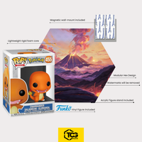 What's in the box of the Hex Shapes® with the Charmander figure: display, acrylic stand, magnetic wall mount and the figure in its original box.