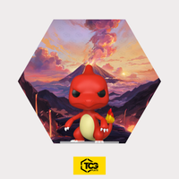 Hex Shapes® Feuer von TCGplate mit Glutexo-Figur auf dem Acryl-Sockel – Bauteil des Bündels.
