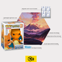 Lieferumfang des Hex Shapes® mit Glurak-Figur: Display, Acryl-Sockel, magnetische Wandhalterung und die originalverpackte Figur.