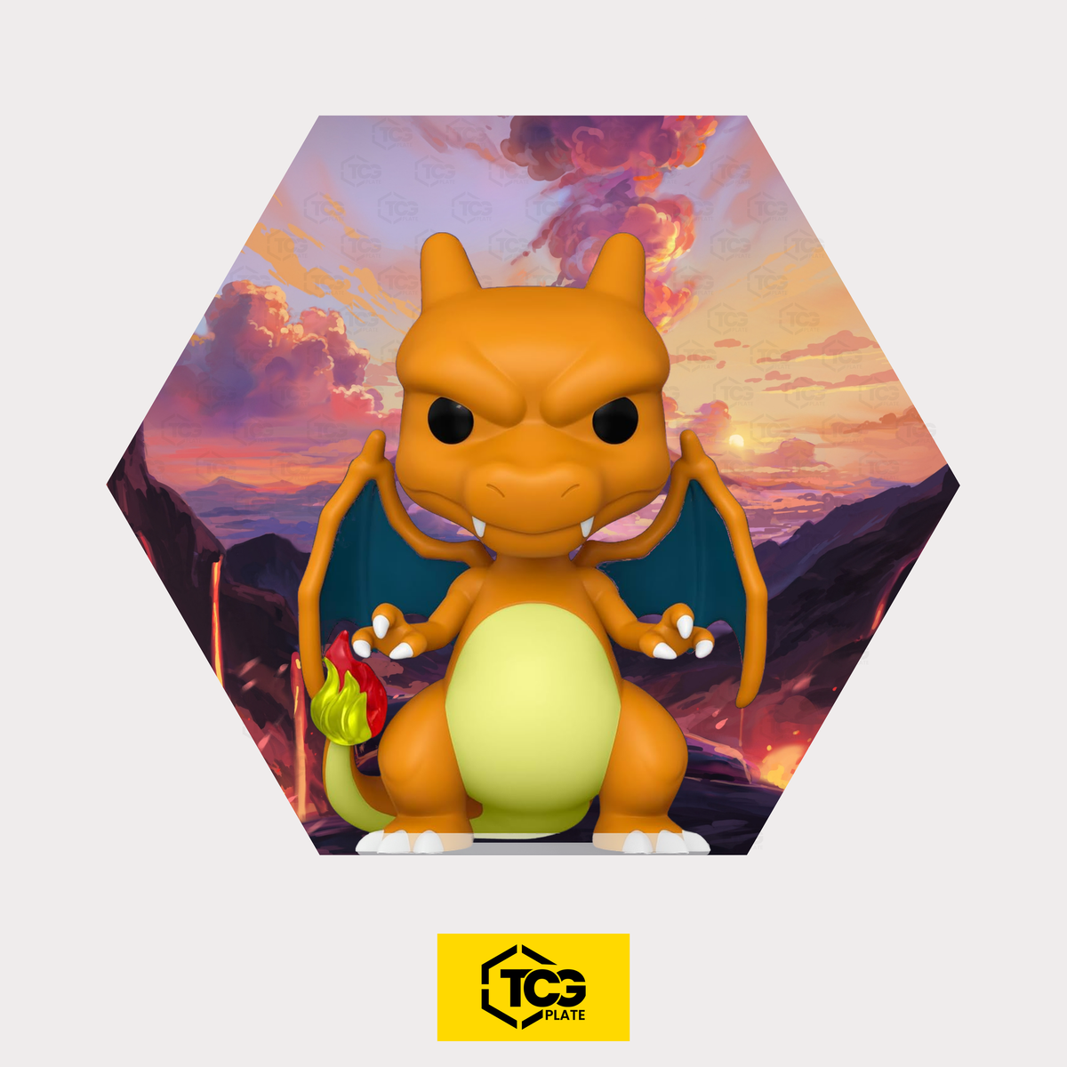 Hex Shapes® Fire by TCGplate with the Charizard figure on the acrylic stand in front of a hand-drawn volcano landscape.