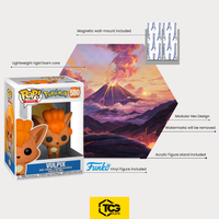What's in the box of the Hex Shapes® with the Vulpix figure: display, acrylic stand, magnetic wall mount and the figure in its original box.