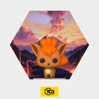Hex Shapes® Fire by TCGplate with the Vulpix figure on the acrylic stand in front of a hand-drawn volcano landscape.