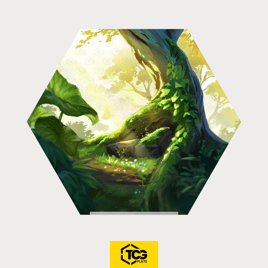 Hex Shapes® Grass by TCGplate with acrylic stand in front of a hand-drawn clearing, without figure.