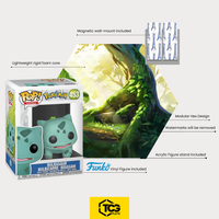 What's in the box of the Hex Shapes® with the Bulbasaur figure: display, acrylic stand, magnetic wall mount and the figure in its original box.