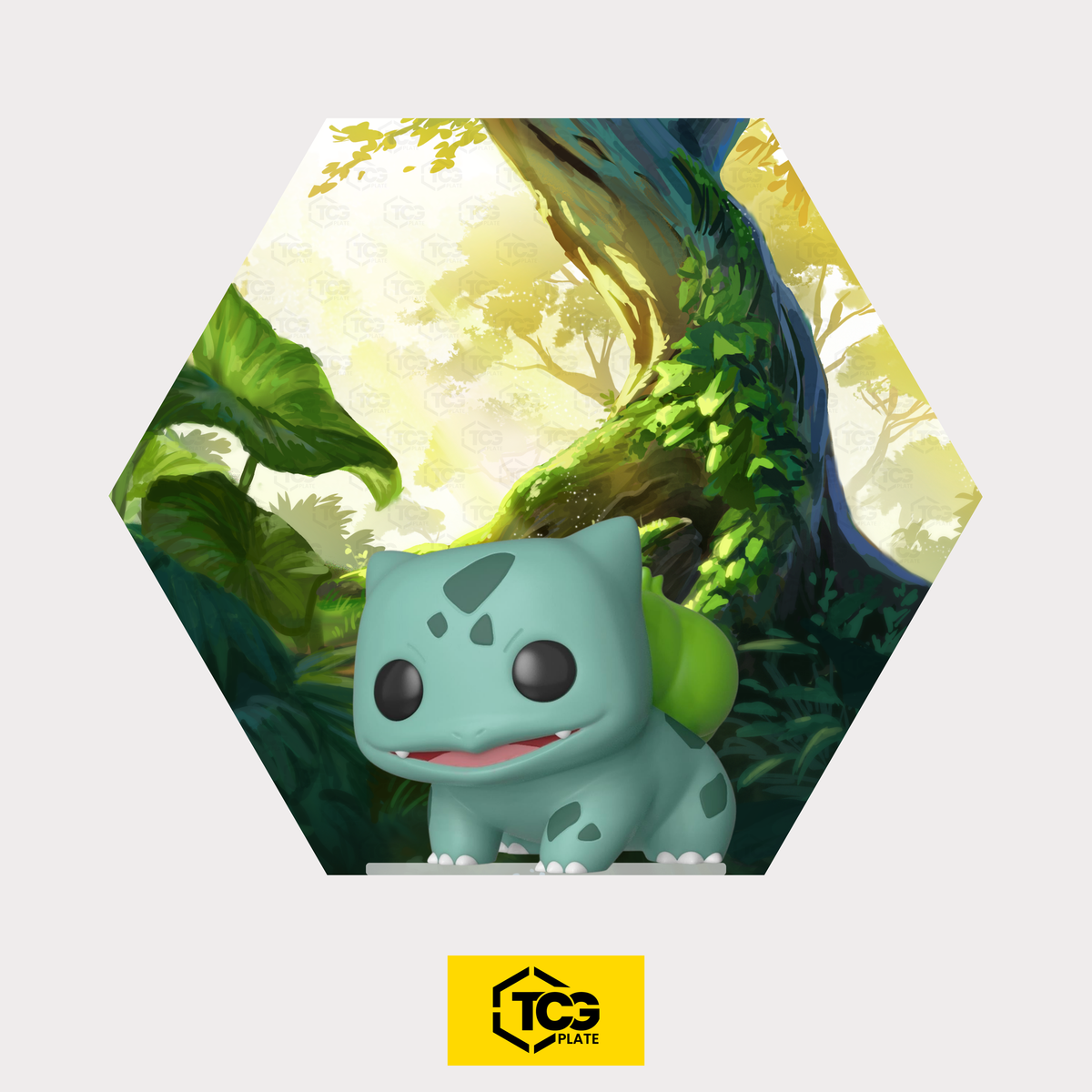 Hex Shapes® Grass by TCGplate with the Bulbasaur figure on the acrylic stand in front of a hand-drawn clearing.