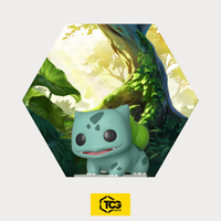 Hex Shapes® Grass by TCGplate with the Bulbasaur figure on the acrylic stand - part of the bundle.