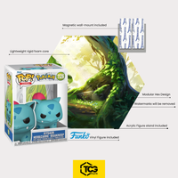 What's in the box of the Hex Shapes® Grass: display, acrylic stand, magnetic wall mount and the Ivysaur figure in its original box.