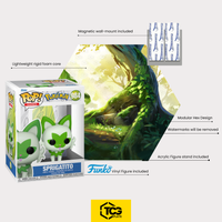 Lieferumfang des Hex Shapes® Pflanze: Display, Acryl-Sockel, magnetische Wandhalterung und die originalverpackte Felori-Figur.