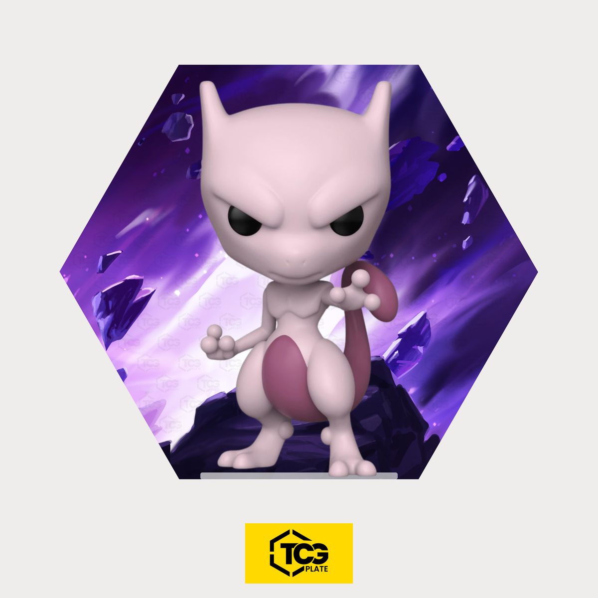 Hex Shapes® Psychic by TCGplate with the Mewtwo figure on the acrylic stand in front of a hand-drawn psychic landscape.