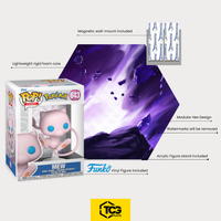 Package contents of the Hex Shapes® with the Mew figure: display, acrylic stand, magnetic wall mount and the figure sealed in its box.