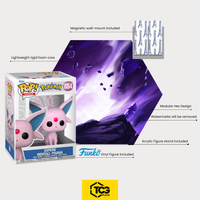 Package contents of the Hex Shapes® Psychic: display, acrylic stand, magnetic wall mount and the Espeon figure sealed in its box.