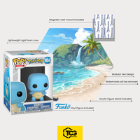 What's in the box of the Hex Shapes® Water: display, acrylic stand, magnetic wall mount and the Squirtle figure in its original box.