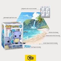 What's in the box of the Hex Shapes® with the Wartortle figure: display, acrylic stand, magnetic wall mount and the figure in its original box.