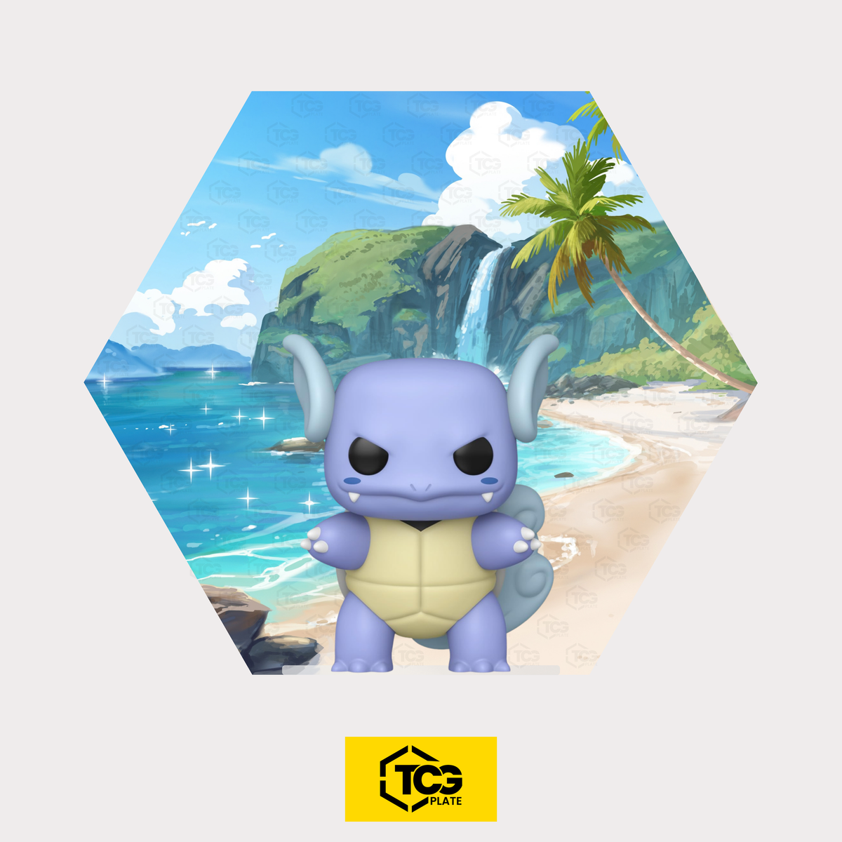 Hex Shapes® Water by TCGplate with the Wartortle figure on the acrylic stand in front of a hand-drawn bay.