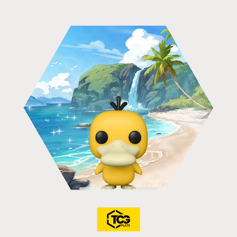 Hex Shapes® Water by TCGplate with the Psyduck figure on the acrylic stand in front of a hand-drawn bay.