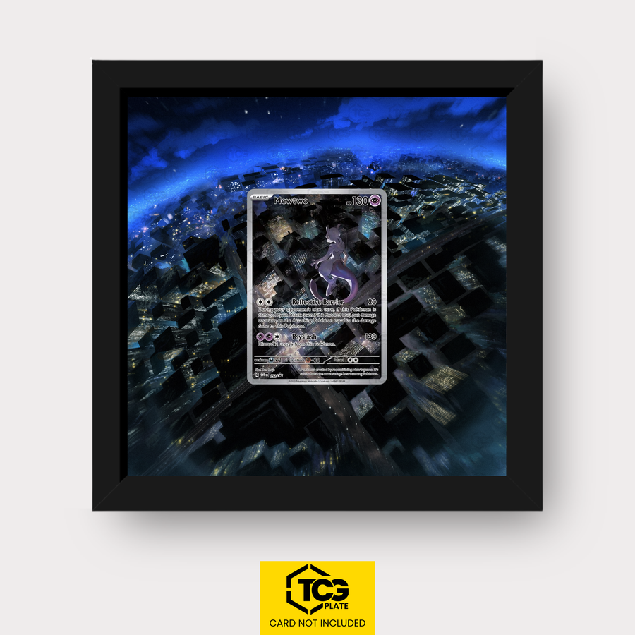 Mewtwo SVP 052 Frames® in Pitch Black with UV-protective case and magnetic wall mount by TCGplate.