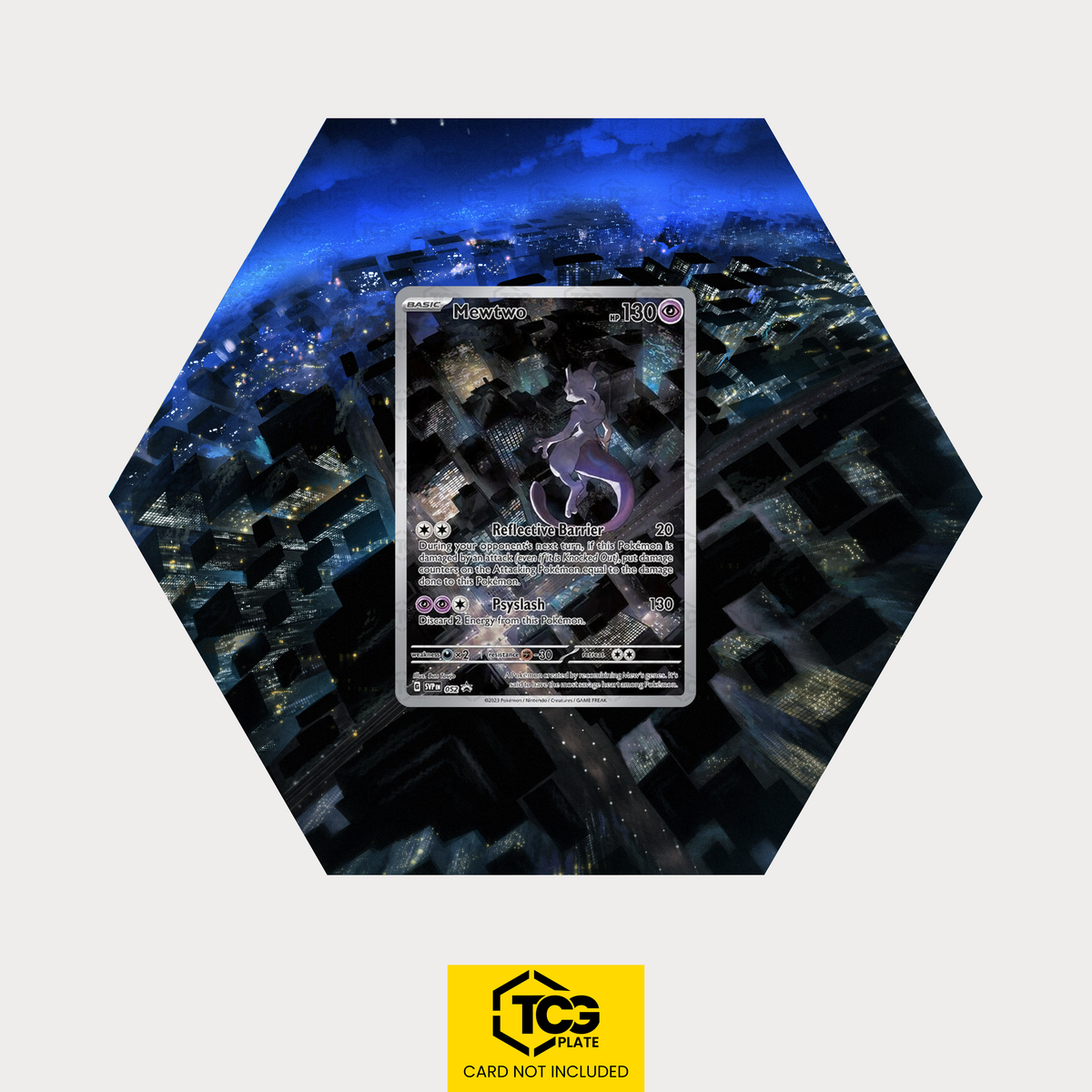 Mewtwo SVP 052 as a hexagonal Extended Art Hex Shapes display with UV-protective case and magnetic wall mount by TCGplate.