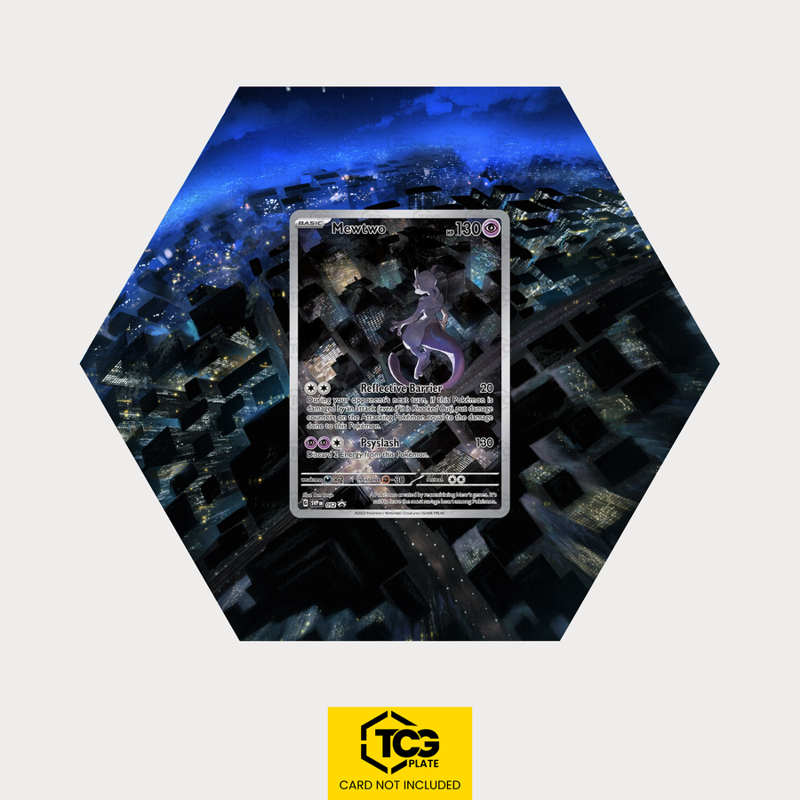 Mewtwo SVP 052 as a hexagonal Extended Art Hex Shapes display with UV-protective case and magnetic wall mount by TCGplate.